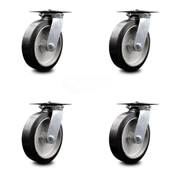 8 Inch Heavy Duty Rubber on Aluminum Caster Set with Roller Bearings, 4PK